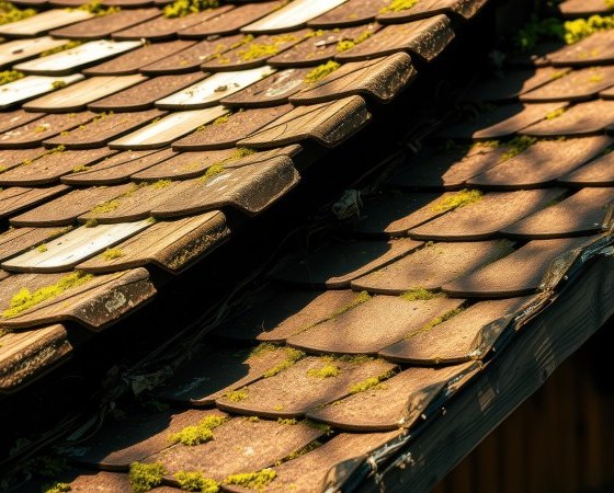 Close-up of brown shingles covered in moss